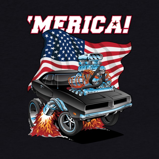 Merica Patriotic Classic Hot Rod Muscle Car USA Flag Cartoon by hobrath